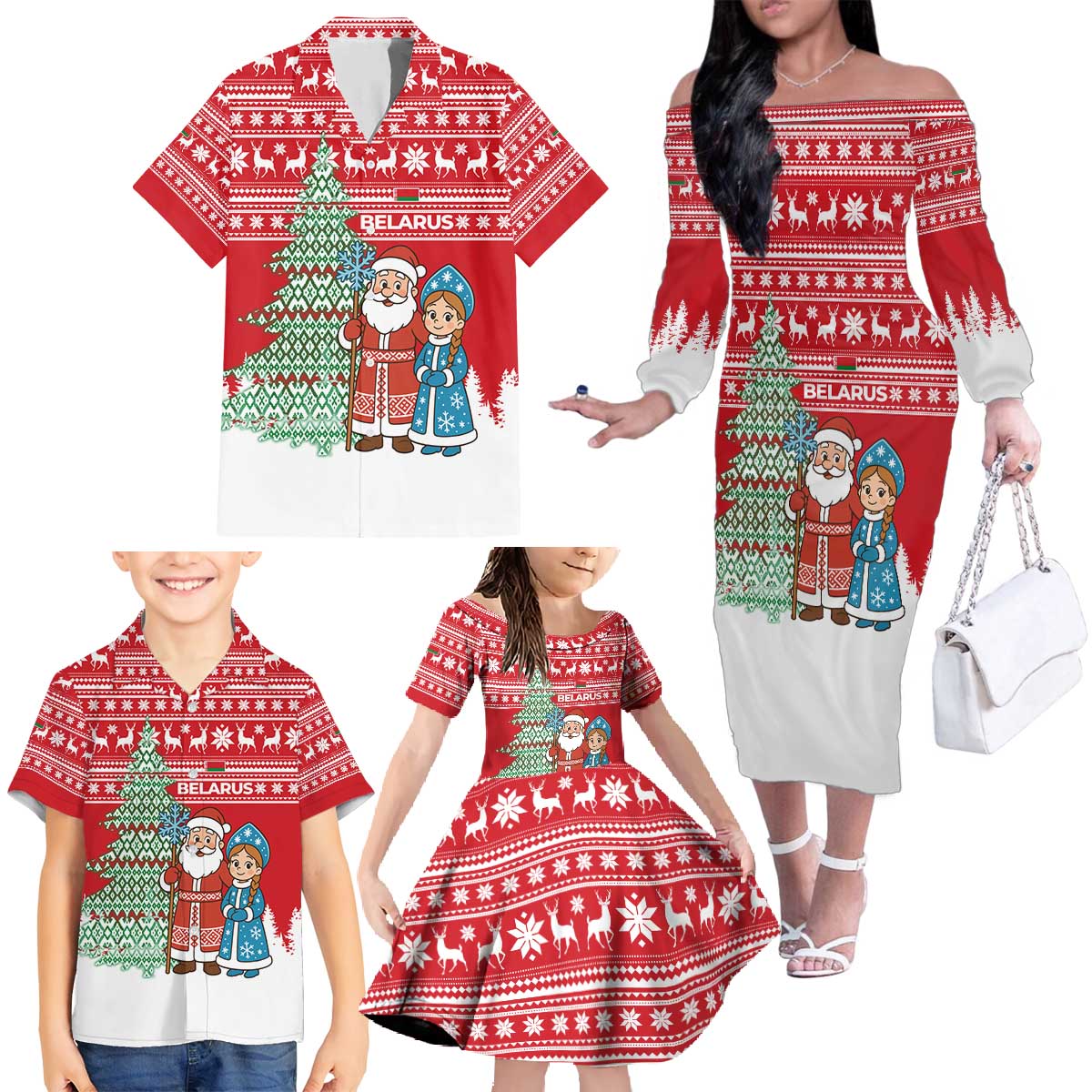 Belarus Christmas Family Matching Off The Shoulder Long Sleeve Dress and Hawaiian Shirt with Ded Moroz Snow Maiden Christmas Tree and Nordic Pattern Design - Wonder Print Shop