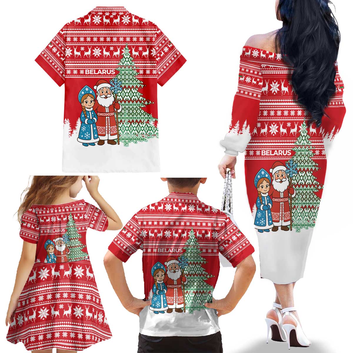 Belarus Christmas Family Matching Off The Shoulder Long Sleeve Dress and Hawaiian Shirt with Ded Moroz Snow Maiden Christmas Tree and Nordic Pattern Design - Wonder Print Shop