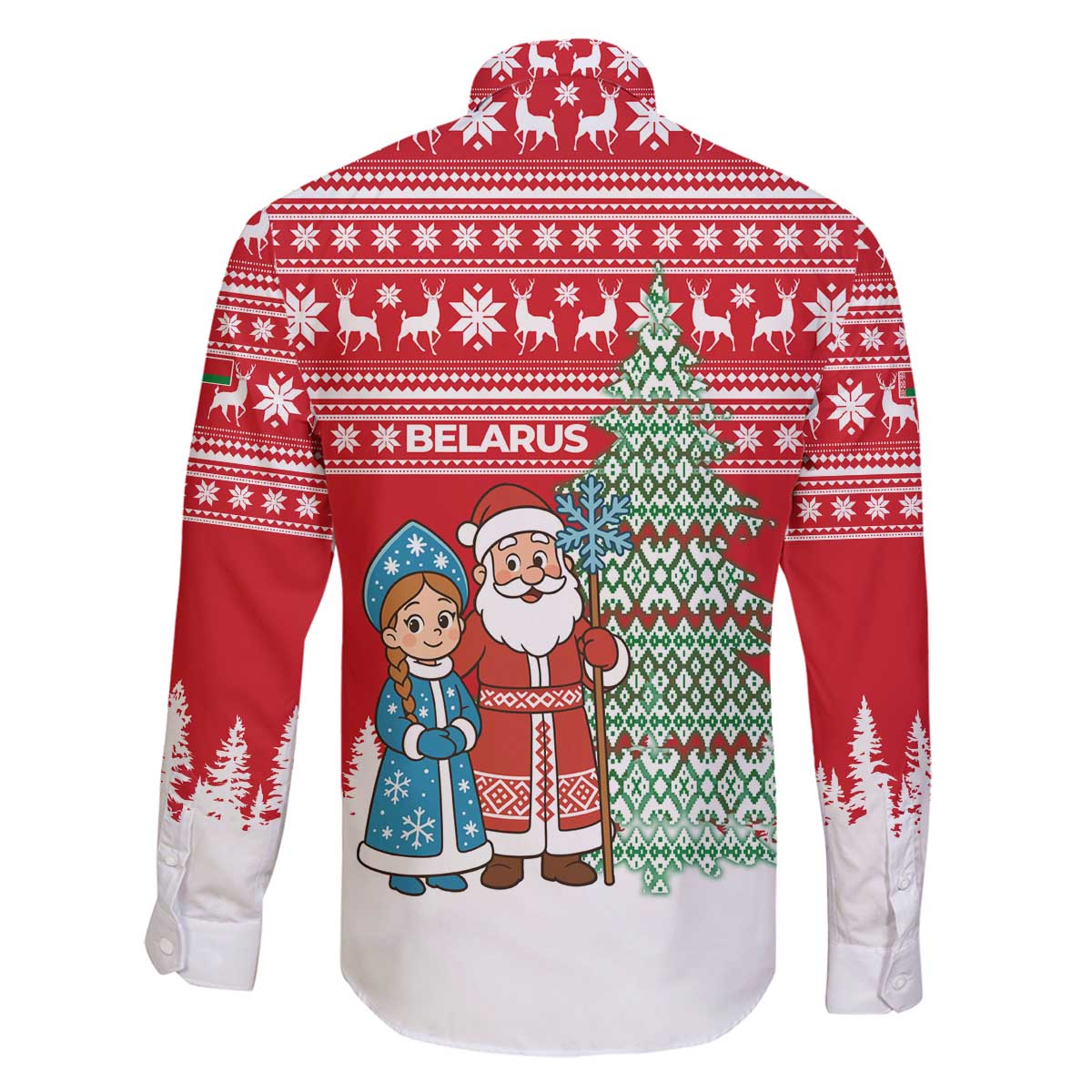 Belarus Christmas Family Matching Off The Shoulder Long Sleeve Dress and Hawaiian Shirt with Ded Moroz Snow Maiden Christmas Tree and Nordic Pattern Design - Wonder Print Shop