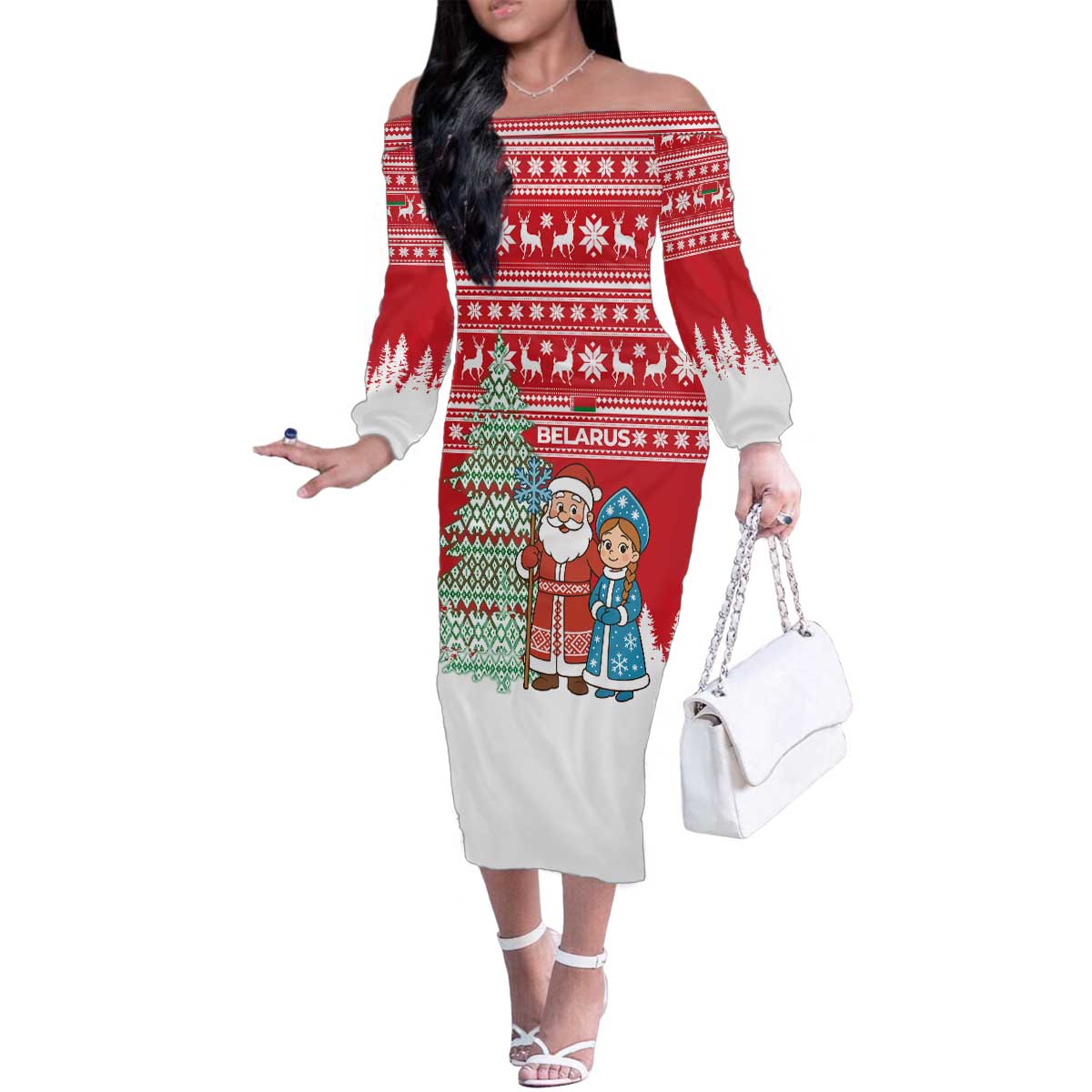 Belarus Christmas Family Matching Off The Shoulder Long Sleeve Dress and Hawaiian Shirt with Ded Moroz Snow Maiden Christmas Tree and Nordic Pattern Design - Wonder Print Shop