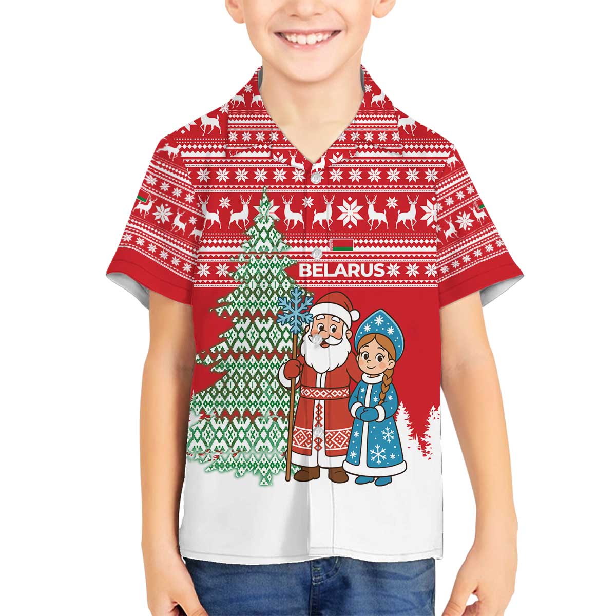 Belarus Christmas Family Matching Off The Shoulder Long Sleeve Dress and Hawaiian Shirt with Ded Moroz Snow Maiden Christmas Tree and Nordic Pattern Design - Wonder Print Shop