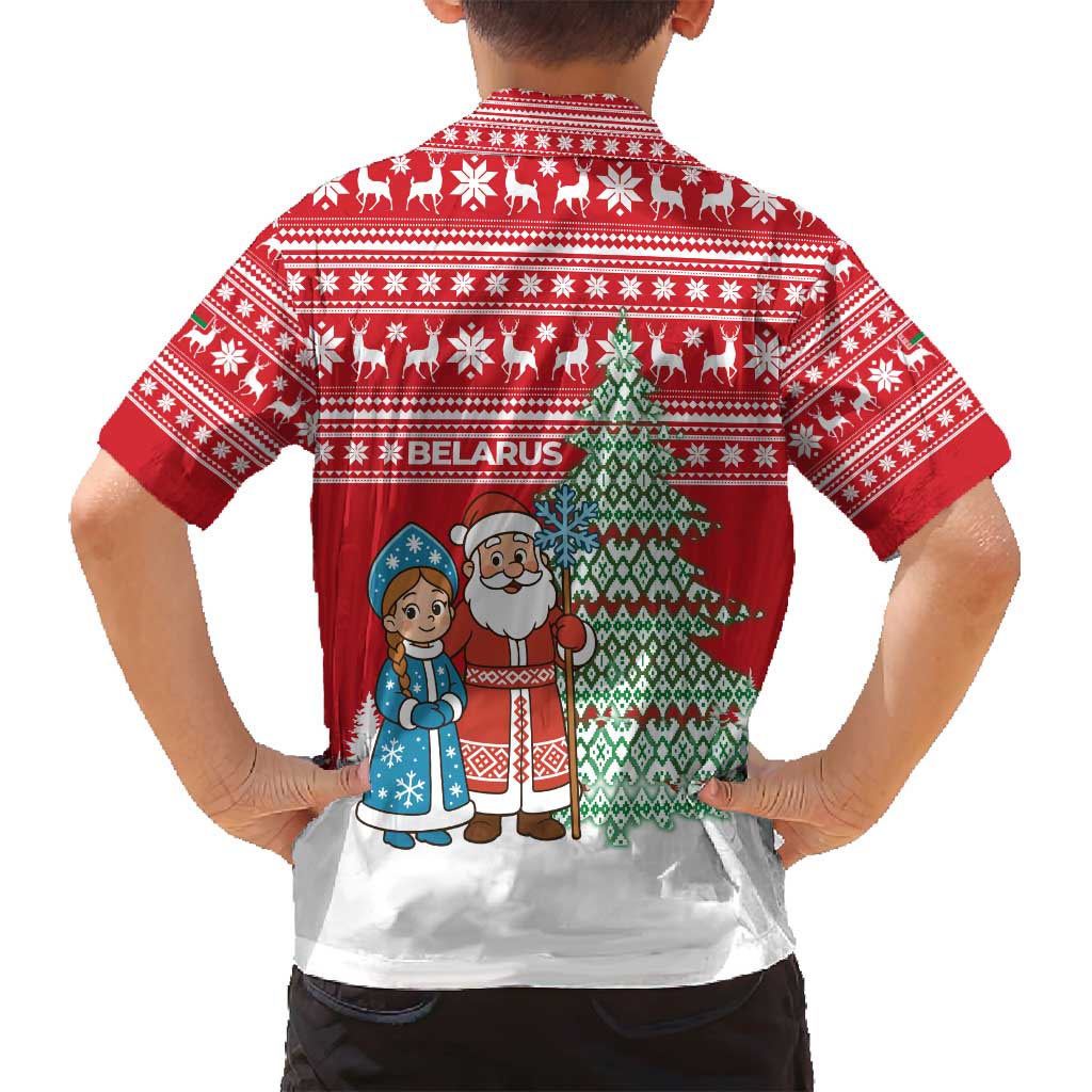 Belarus Christmas Family Matching Off Shoulder Maxi Dress and Hawaiian Shirt with Ded Moroz Snow Maiden Christmas Tree and Nordic Pattern Design - Wonder Print Shop