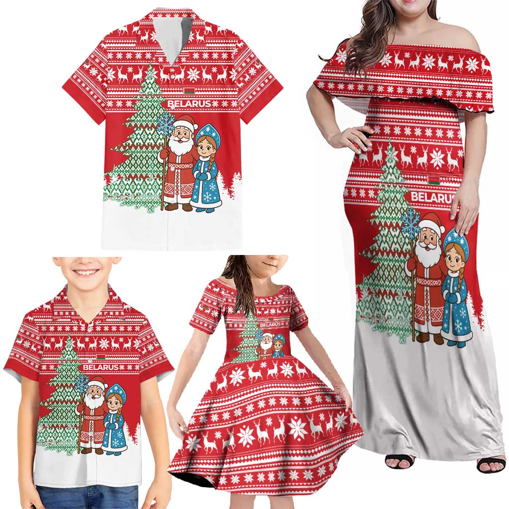 Belarus Christmas Family Matching Off Shoulder Maxi Dress and Hawaiian Shirt with Ded Moroz Snow Maiden Christmas Tree and Nordic Pattern Design - Wonder Print Shop