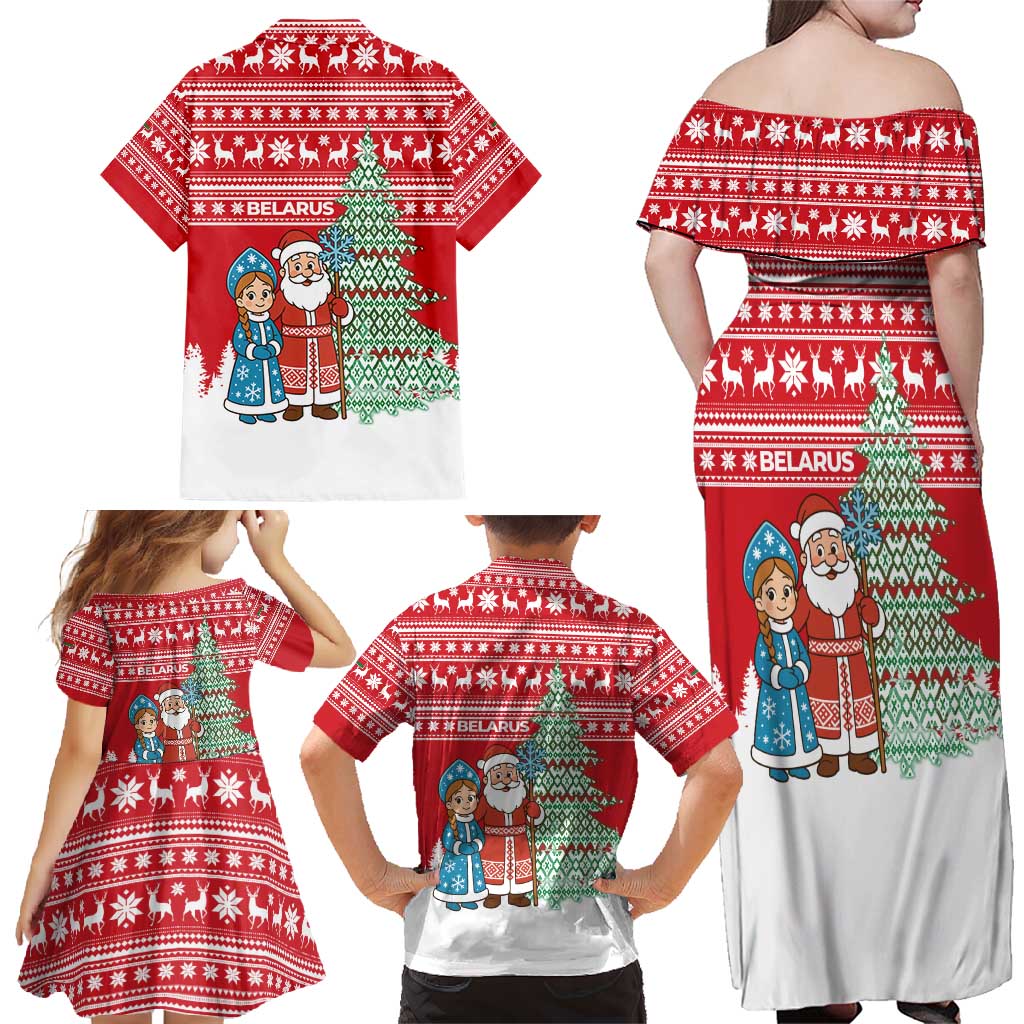 Belarus Christmas Family Matching Off Shoulder Maxi Dress and Hawaiian Shirt with Ded Moroz Snow Maiden Christmas Tree and Nordic Pattern Design - Wonder Print Shop