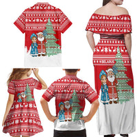 Belarus Christmas Family Matching Off Shoulder Maxi Dress and Hawaiian Shirt with Ded Moroz Snow Maiden Christmas Tree and Nordic Pattern Design - Wonder Print Shop