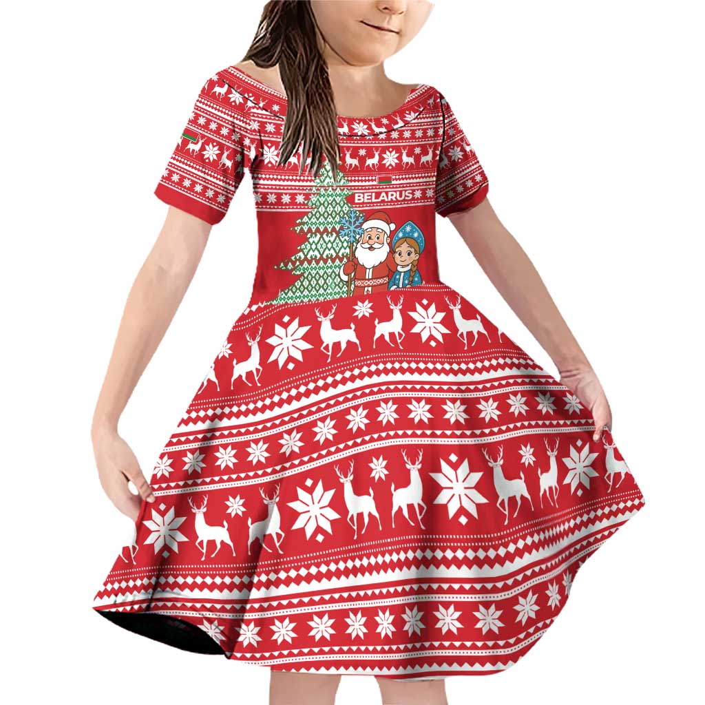 Belarus Christmas Family Matching Off Shoulder Short Dress and Hawaiian Shirt with Ded Moroz Snow Maiden Christmas Tree and Nordic Pattern Design - Wonder Print Shop