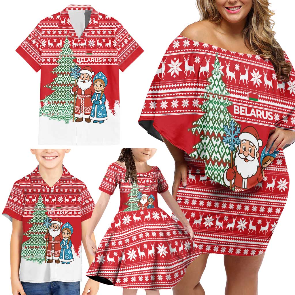 Belarus Christmas Family Matching Off Shoulder Short Dress and Hawaiian Shirt with Ded Moroz Snow Maiden Christmas Tree and Nordic Pattern Design - Wonder Print Shop