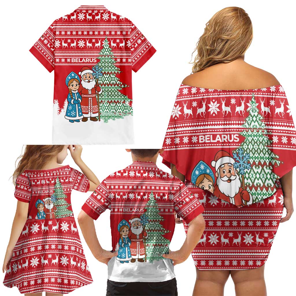 Belarus Christmas Family Matching Off Shoulder Short Dress and Hawaiian Shirt with Ded Moroz Snow Maiden Christmas Tree and Nordic Pattern Design - Wonder Print Shop