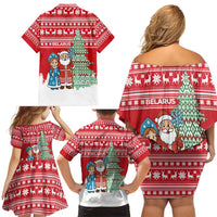 Belarus Christmas Family Matching Off Shoulder Short Dress and Hawaiian Shirt with Ded Moroz Snow Maiden Christmas Tree and Nordic Pattern Design - Wonder Print Shop