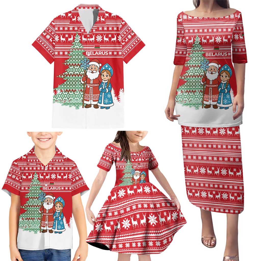 Belarus Christmas Family Matching Puletasi and Hawaiian Shirt with Ded Moroz Snow Maiden Christmas Tree and Nordic Pattern Design - Wonder Print Shop