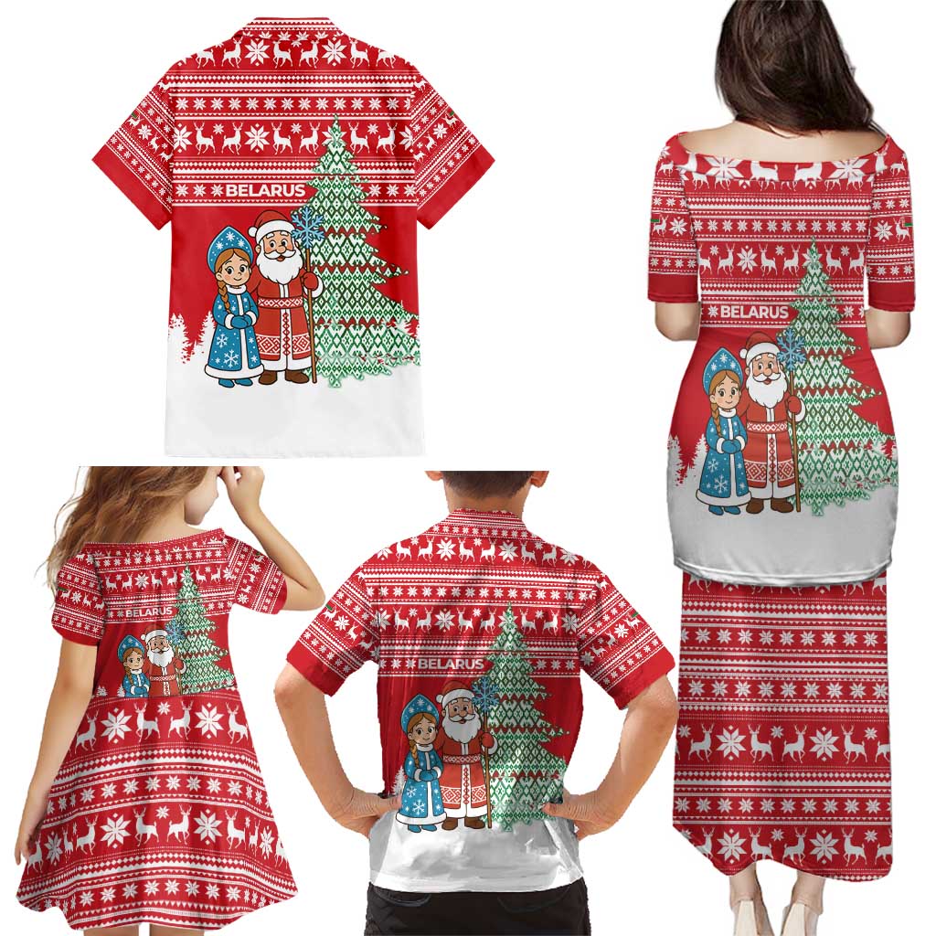 Belarus Christmas Family Matching Puletasi and Hawaiian Shirt with Ded Moroz Snow Maiden Christmas Tree and Nordic Pattern Design - Wonder Print Shop