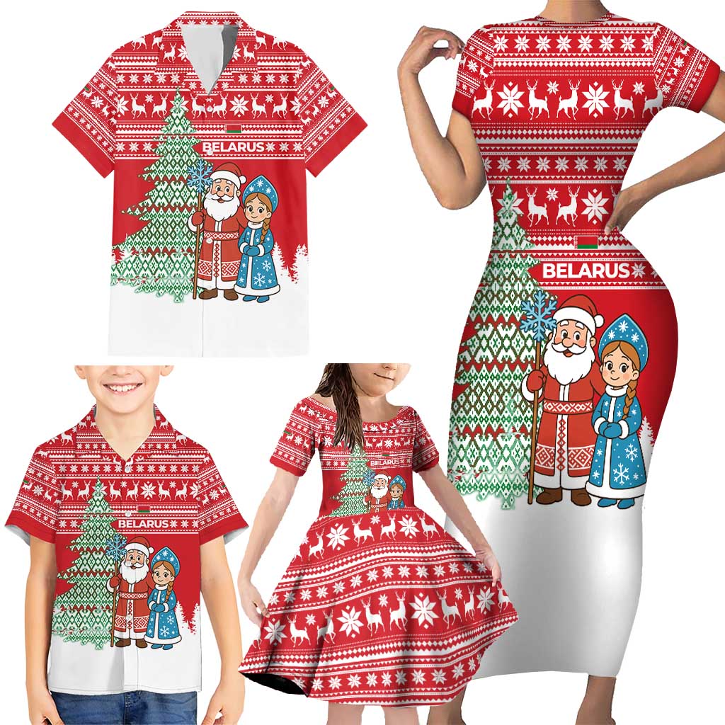 Belarus Christmas Family Matching Short Sleeve Bodycon Dress and Hawaiian Shirt with Ded Moroz Snow Maiden Christmas Tree and Nordic Pattern Design - Wonder Print Shop