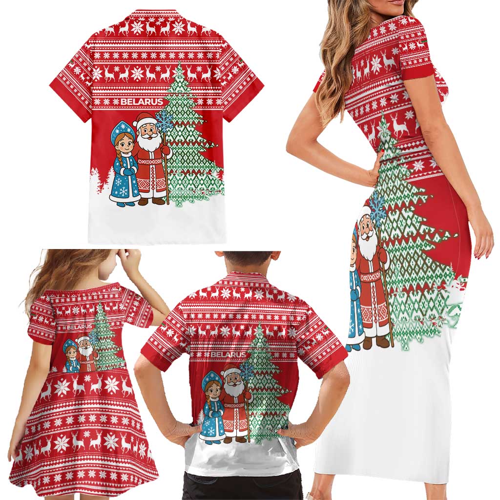 Belarus Christmas Family Matching Short Sleeve Bodycon Dress and Hawaiian Shirt with Ded Moroz Snow Maiden Christmas Tree and Nordic Pattern Design - Wonder Print Shop