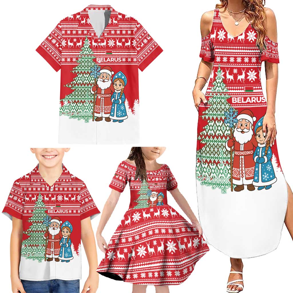 Belarus Christmas Family Matching Summer Maxi Dress and Hawaiian Shirt with Ded Moroz Snow Maiden Christmas Tree and Nordic Pattern Design - Wonder Print Shop