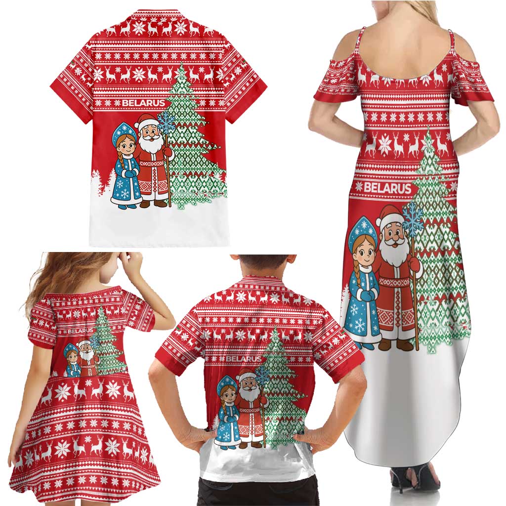 Belarus Christmas Family Matching Summer Maxi Dress and Hawaiian Shirt with Ded Moroz Snow Maiden Christmas Tree and Nordic Pattern Design - Wonder Print Shop