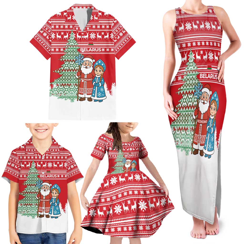 Belarus Christmas Family Matching Tank Maxi Dress and Hawaiian Shirt with Ded Moroz Snow Maiden Christmas Tree and Nordic Pattern Design - Wonder Print Shop