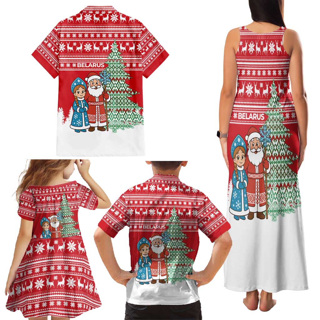 Belarus Christmas Family Matching Tank Maxi Dress and Hawaiian Shirt with Ded Moroz Snow Maiden Christmas Tree and Nordic Pattern Design - Wonder Print Shop