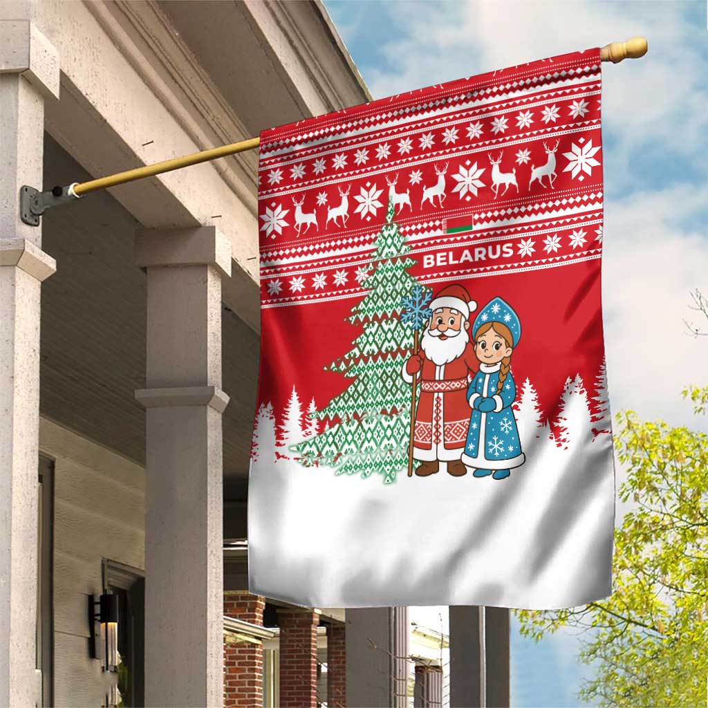 Belarus Christmas Garden Flag with Ded Moroz Snow Maiden Christmas Tree and Nordic Pattern Design - Wonder Print Shop