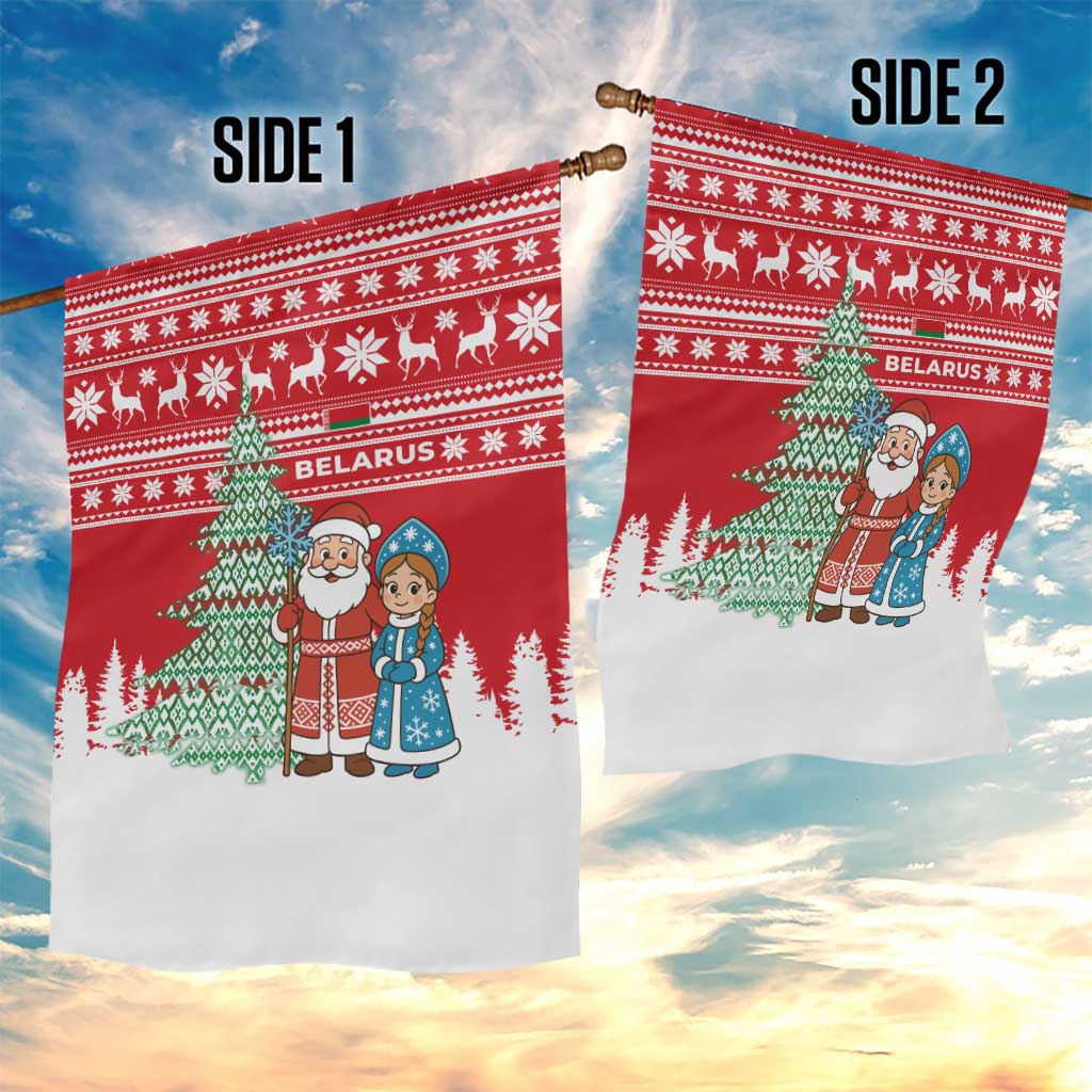 Belarus Christmas Garden Flag with Ded Moroz Snow Maiden Christmas Tree and Nordic Pattern Design - Wonder Print Shop