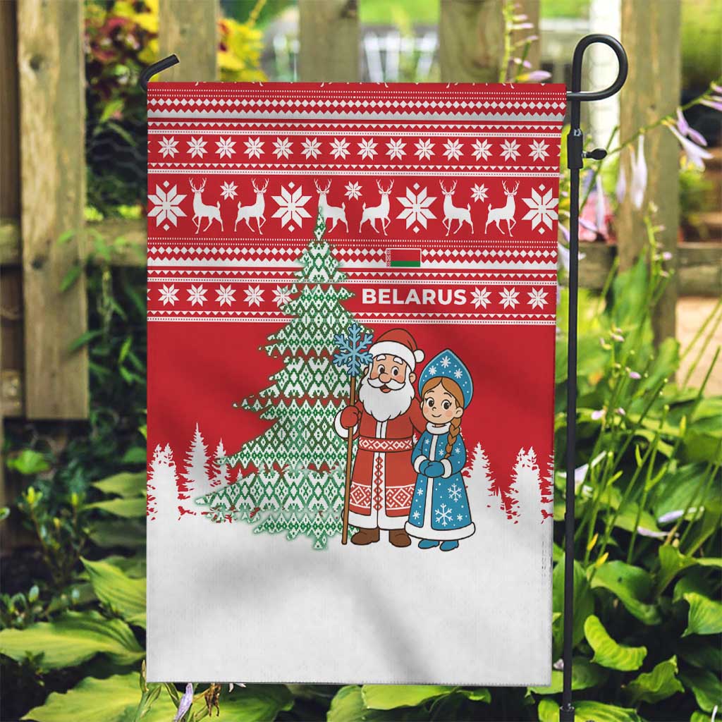Belarus Christmas Garden Flag with Ded Moroz Snow Maiden Christmas Tree and Nordic Pattern Design - Wonder Print Shop