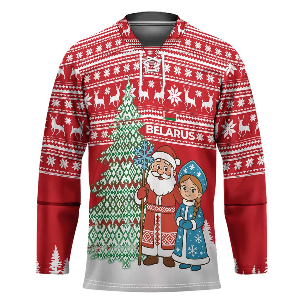 Belarus Christmas Hockey Jersey with Ded Moroz Snow Maiden Christmas Tree and Nordic Pattern Design - Wonder Print Shop