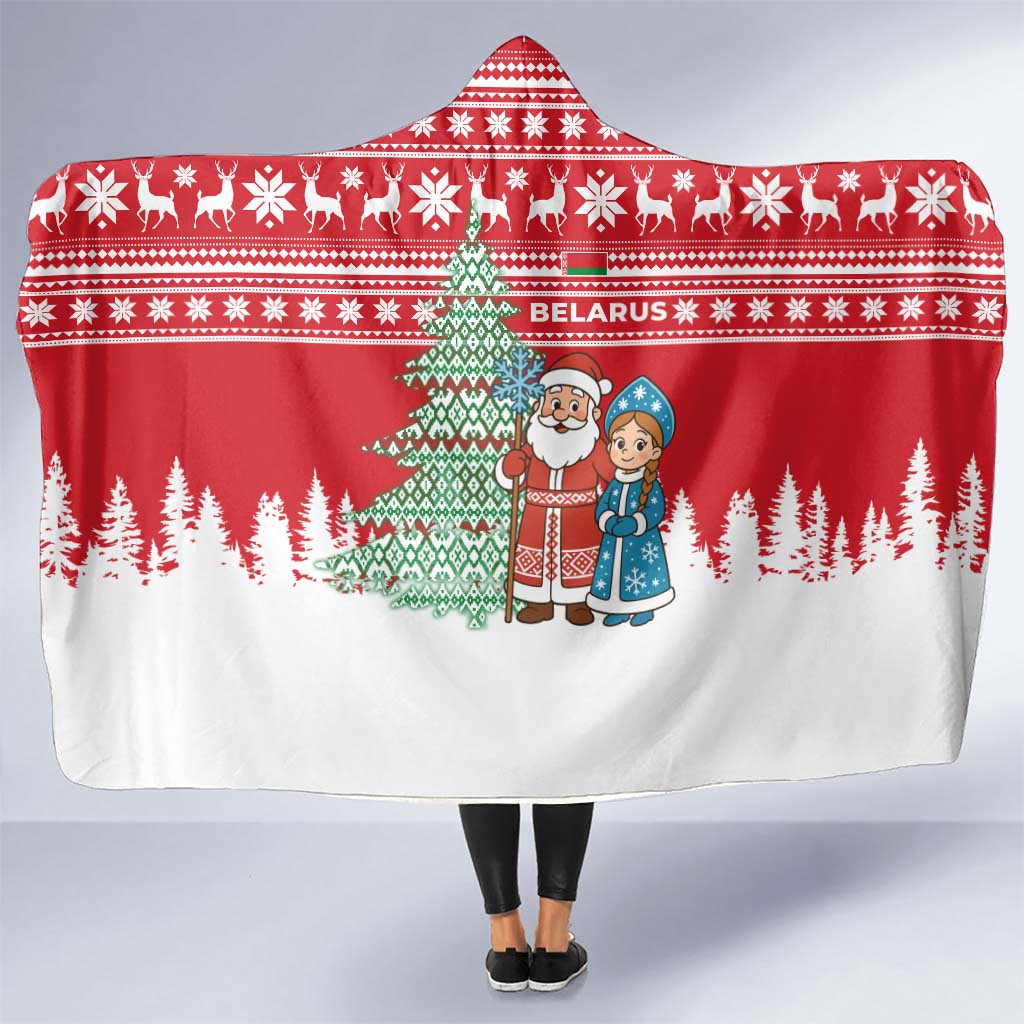 Belarus Christmas Hooded Blanket with Ded Moroz Snow Maiden Christmas Tree and Nordic Pattern Design - Wonder Print Shop