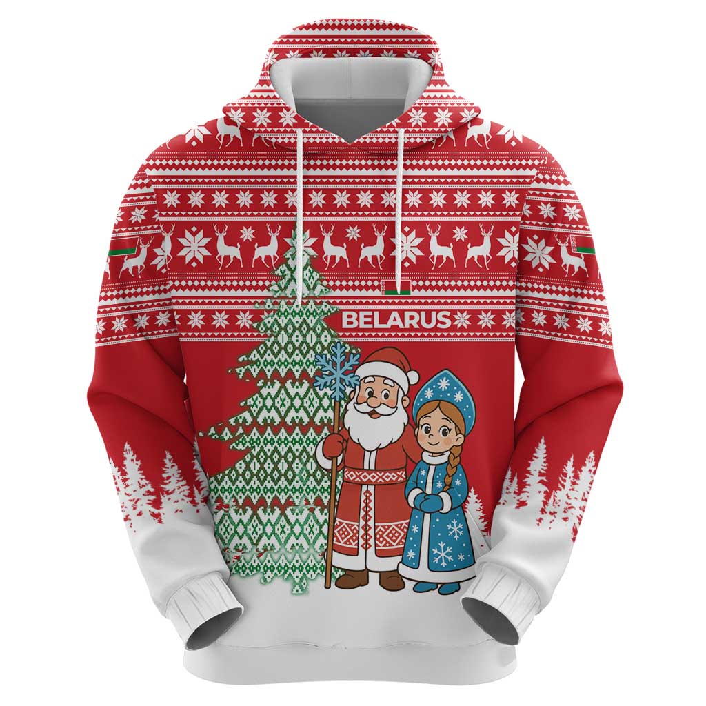 Belarus Christmas Hoodie with Ded Moroz Snow Maiden Christmas Tree and Nordic Pattern Design - Wonder Print Shop