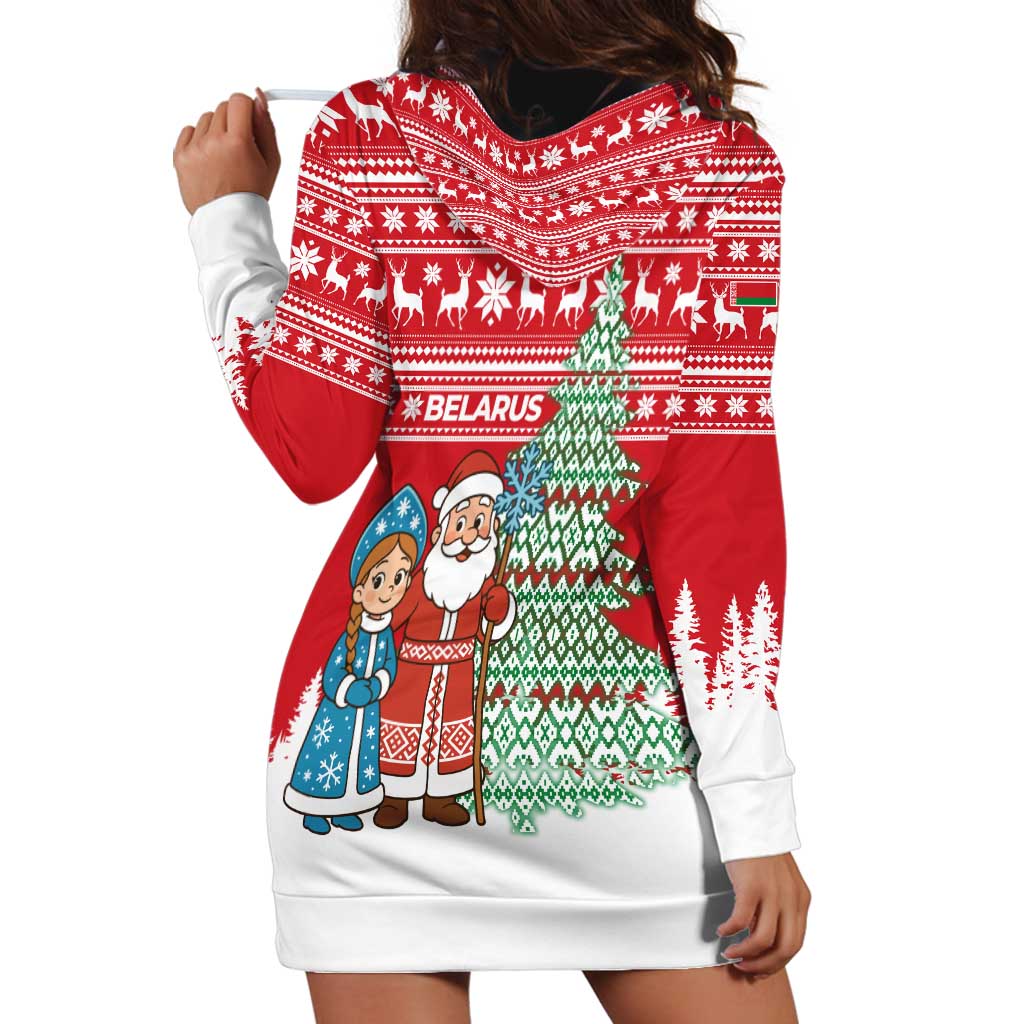 Belarus Christmas Hoodie Dress with Ded Moroz Snow Maiden Christmas Tree and Nordic Pattern Design - Wonder Print Shop