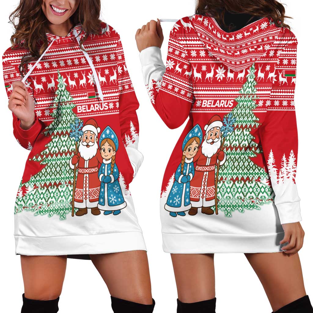 Belarus Christmas Hoodie Dress with Ded Moroz Snow Maiden Christmas Tree and Nordic Pattern Design - Wonder Print Shop