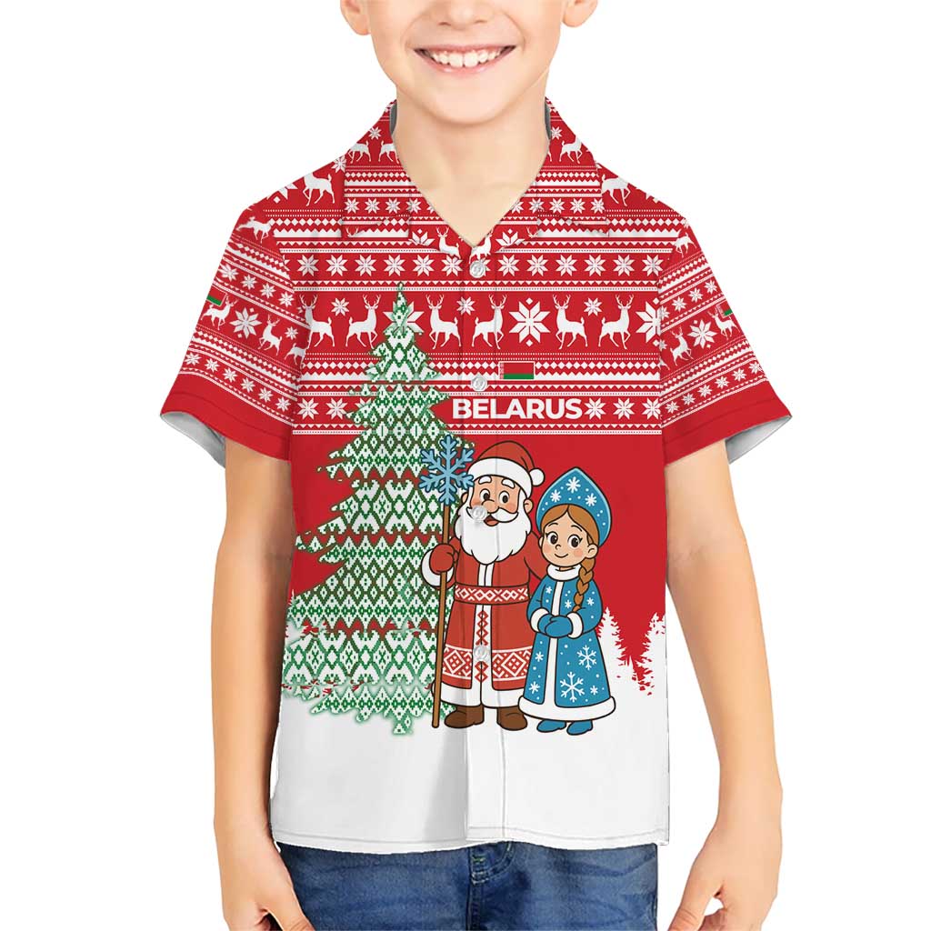 Belarus Christmas Kid Hawaiian Shirt with Ded Moroz Snow Maiden Christmas Tree and Nordic Pattern Design - Wonder Print Shop