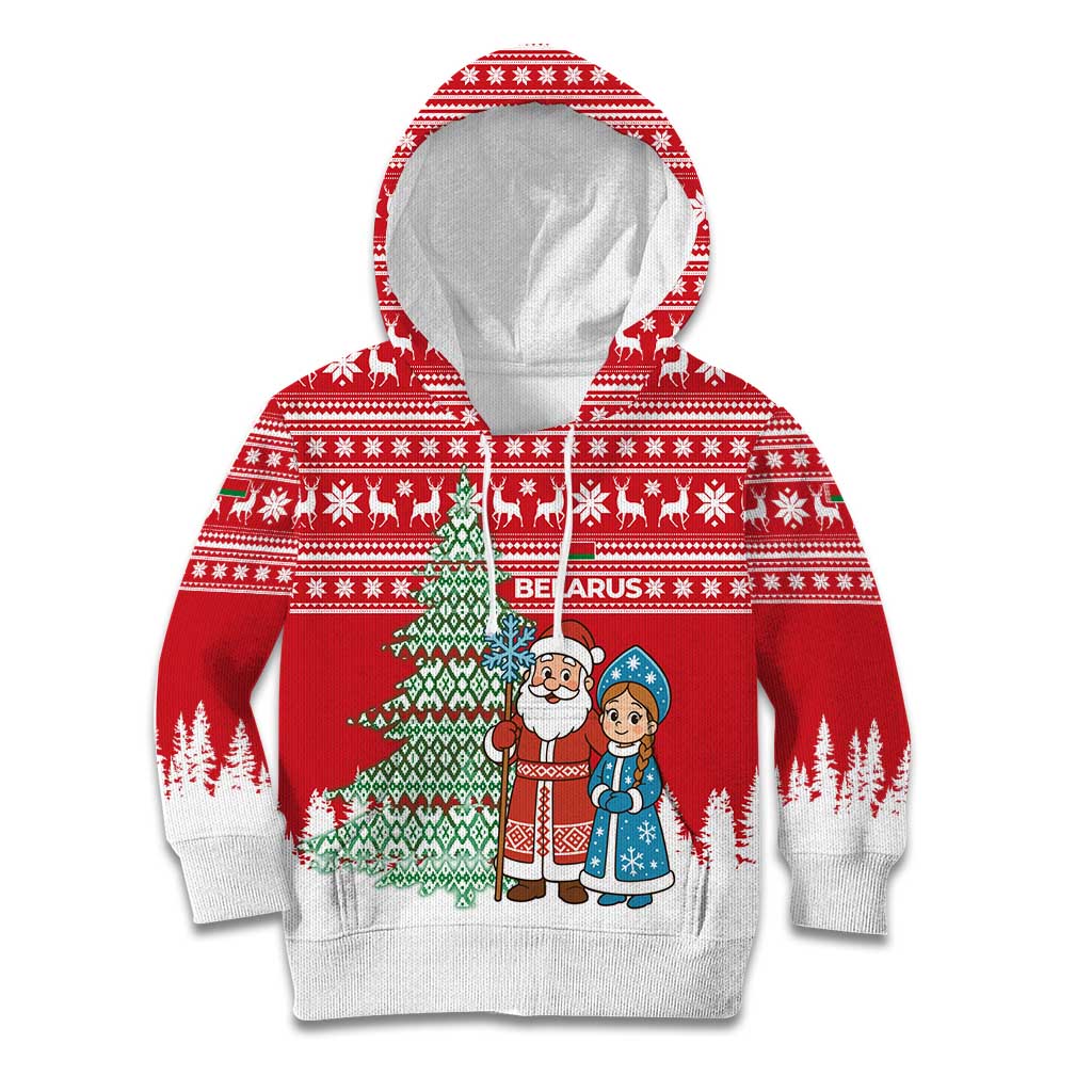Belarus Christmas Kid Hoodie with Ded Moroz Snow Maiden Christmas Tree and Nordic Pattern Design - Wonder Print Shop