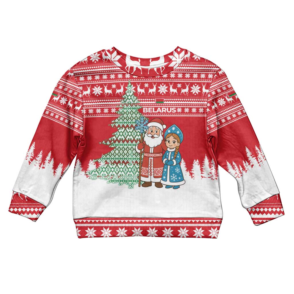 Belarus Christmas Kid Ugly Christmas Sweater with Ded Moroz Snow Maiden Christmas Tree and Nordic Pattern Design - Wonder Print Shop