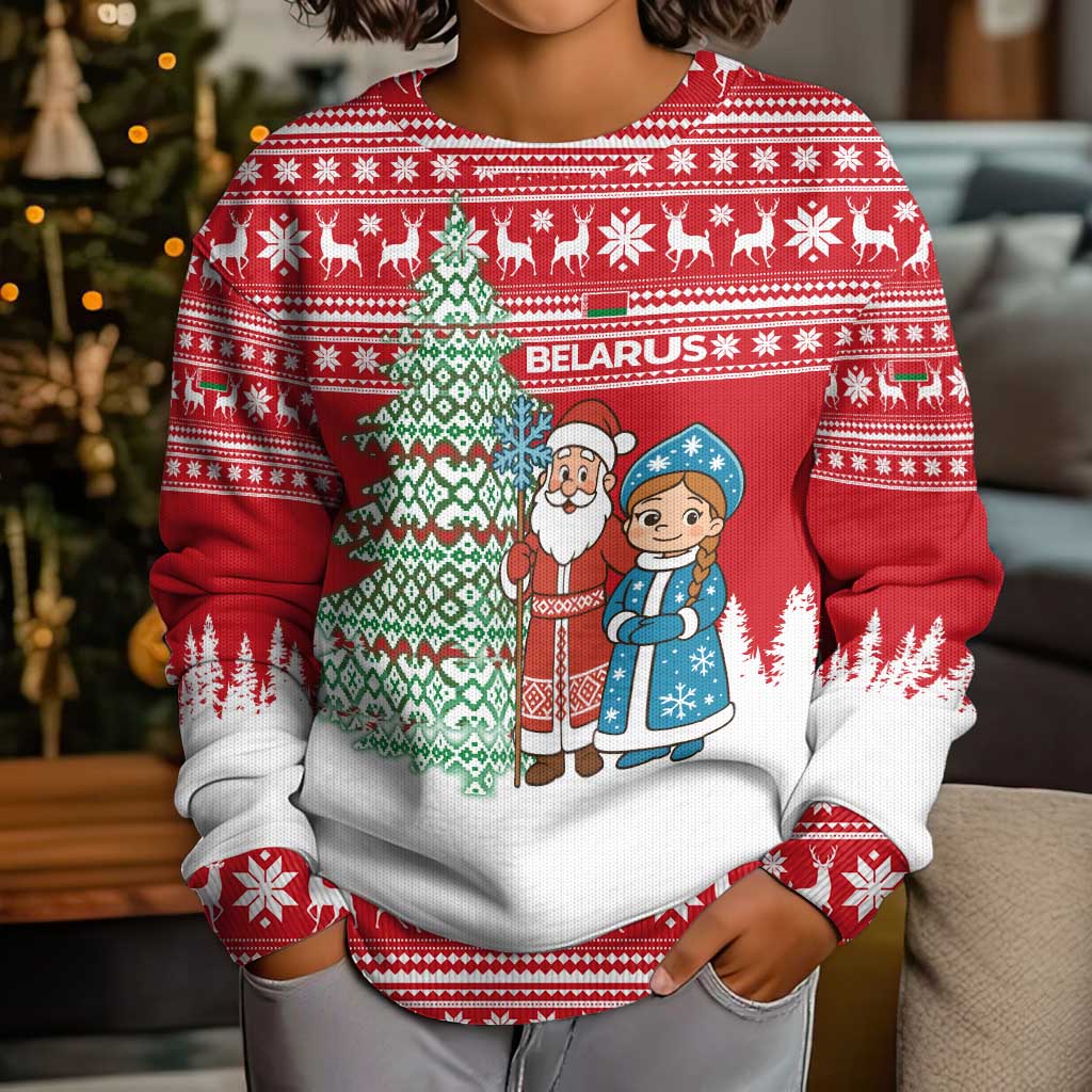 Belarus Christmas Kid Ugly Christmas Sweater with Ded Moroz Snow Maiden Christmas Tree and Nordic Pattern Design - Wonder Print Shop