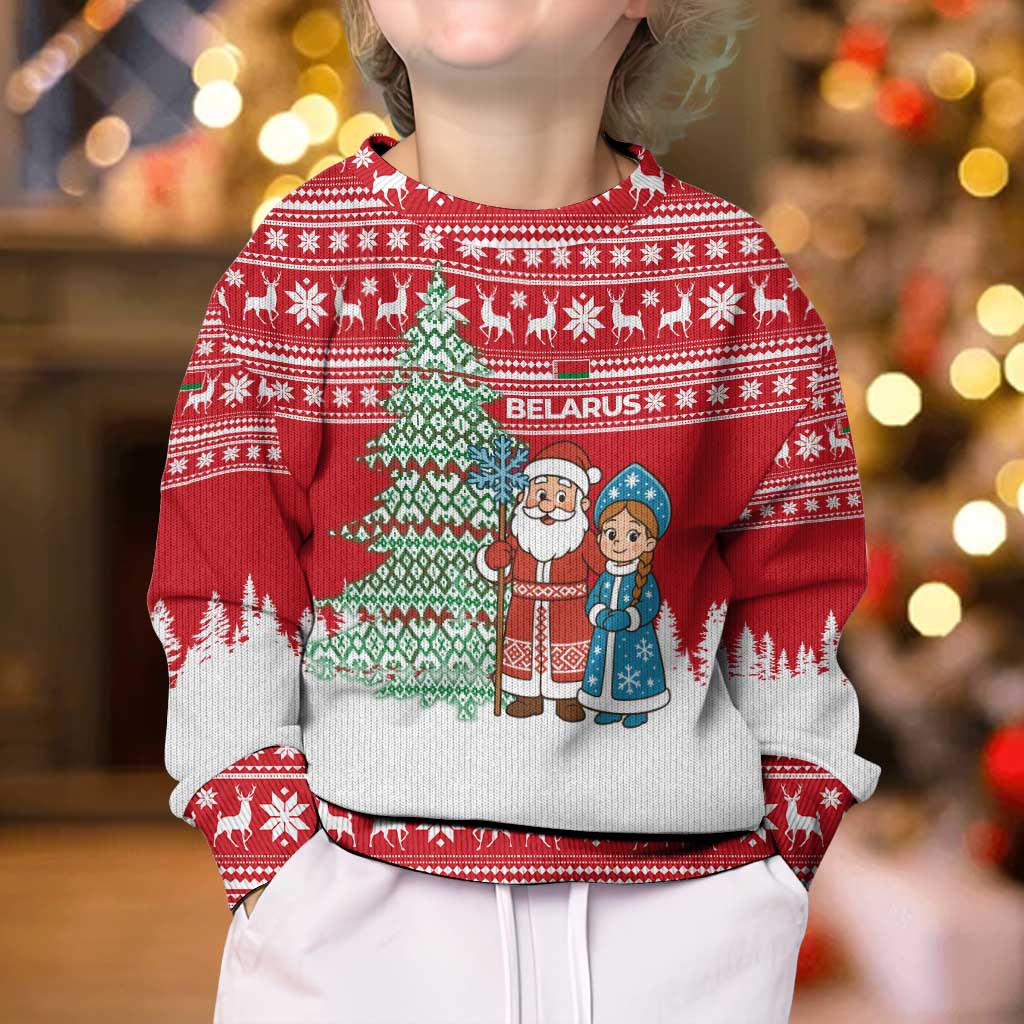 Belarus Christmas Kid Ugly Christmas Sweater with Ded Moroz Snow Maiden Christmas Tree and Nordic Pattern Design - Wonder Print Shop