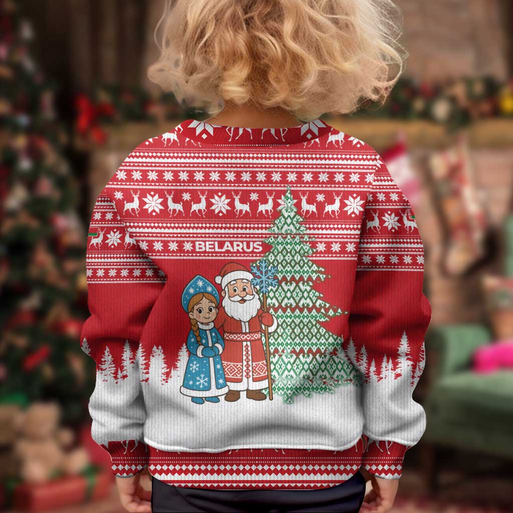 Belarus Christmas Kid Ugly Christmas Sweater with Ded Moroz Snow Maiden Christmas Tree and Nordic Pattern Design - Wonder Print Shop