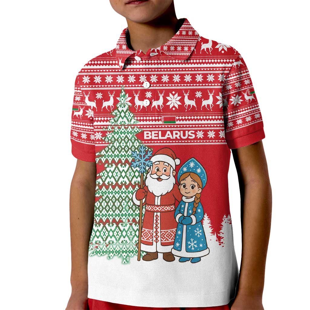 Belarus Christmas Kid Polo Shirt with Ded Moroz Snow Maiden Christmas Tree and Nordic Pattern Design - Wonder Print Shop