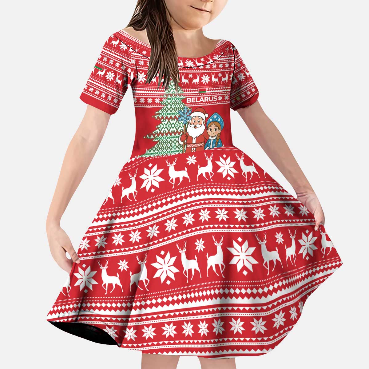 Belarus Christmas Kid Short Sleeve Dress with Ded Moroz Snow Maiden Christmas Tree and Nordic Pattern Design - Wonder Print Shop