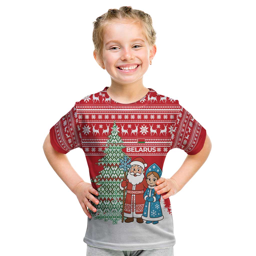 Belarus Christmas Kid T Shirt with Ded Moroz Snow Maiden Christmas Tree and Nordic Pattern Design - Wonder Print Shop