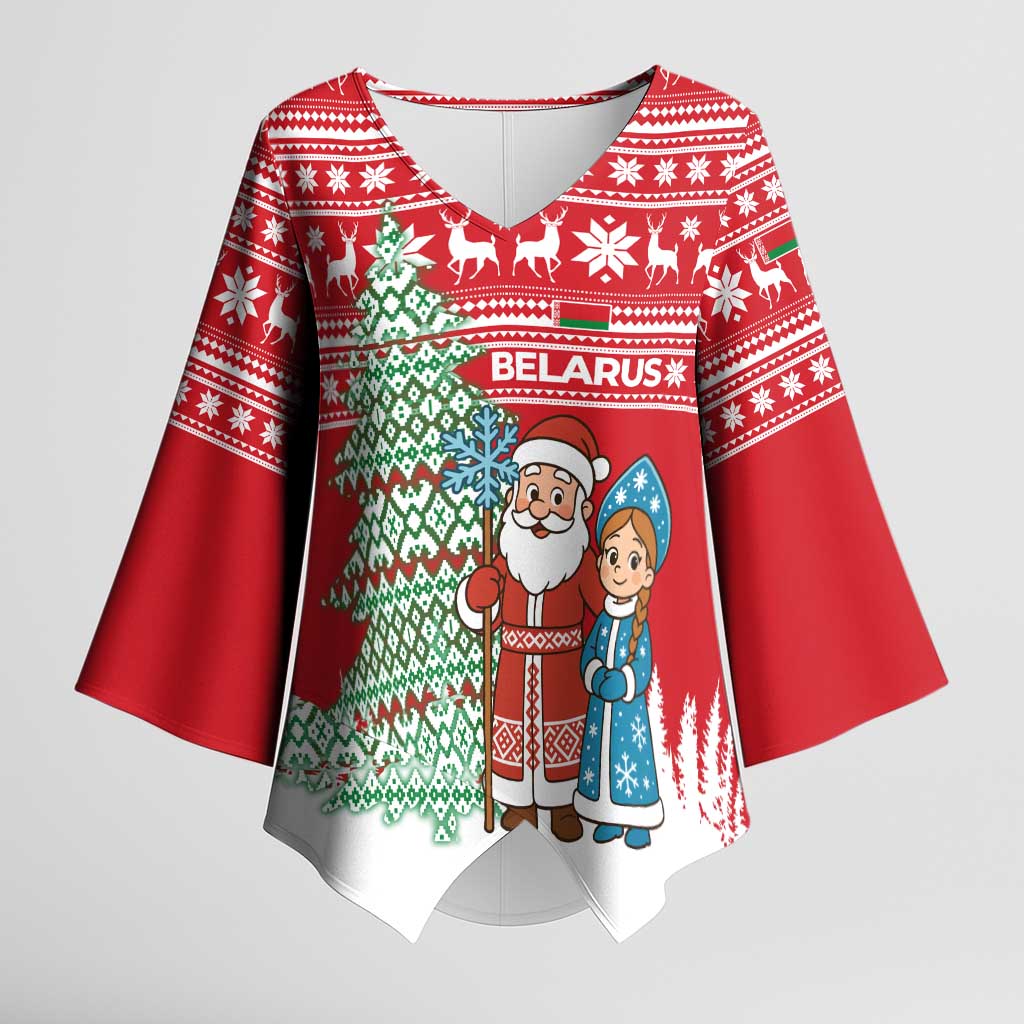 Belarus Christmas Kimono Sleeve Blouse with Ded Moroz Snow Maiden Christmas Tree and Nordic Pattern Design - Wonder Print Shop
