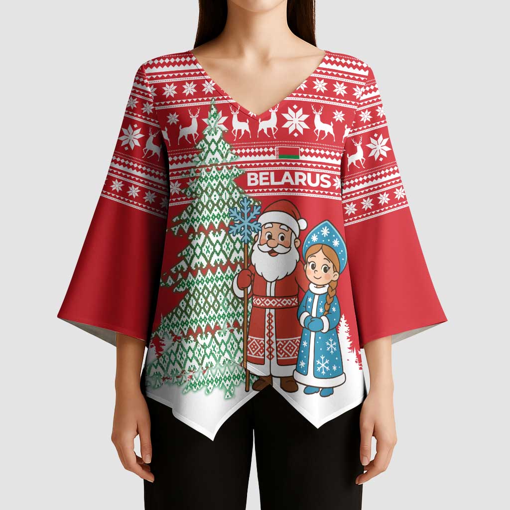 Belarus Christmas Kimono Sleeve Blouse with Ded Moroz Snow Maiden Christmas Tree and Nordic Pattern Design - Wonder Print Shop