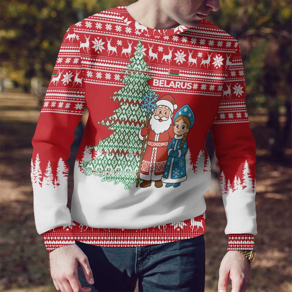 Belarus Christmas Ugly Christmas Sweater with Ded Moroz Snow Maiden Christmas Tree and Nordic Pattern Design - Wonder Print Shop