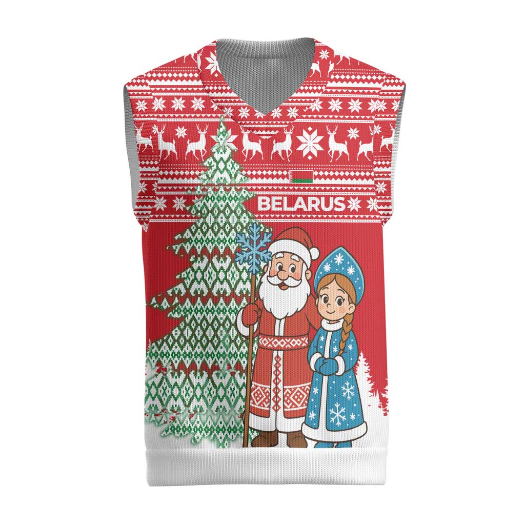 Belarus Christmas Knitted V-Neck Vest with Ded Moroz Snow Maiden Christmas Tree and Nordic Pattern Design - Wonder Print Shop