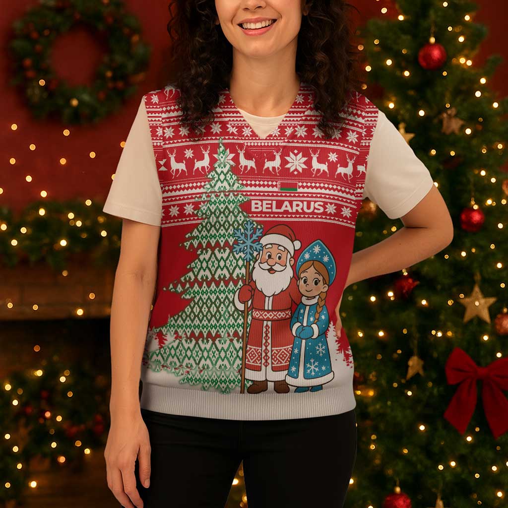 Belarus Christmas Knitted V-Neck Vest with Ded Moroz Snow Maiden Christmas Tree and Nordic Pattern Design - Wonder Print Shop