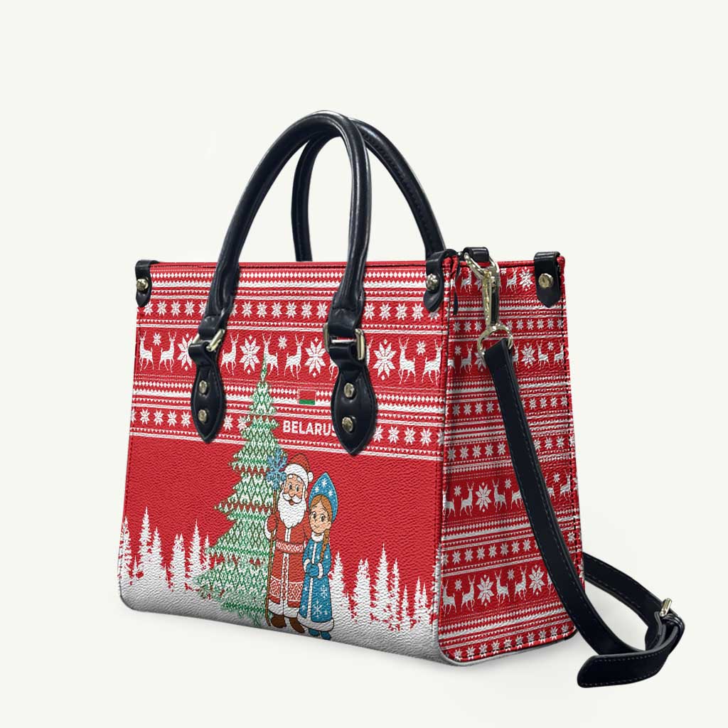 Belarus Christmas Leather Bag with Ded Moroz Snow Maiden Christmas Tree and Nordic Pattern Design - Wonder Print Shop