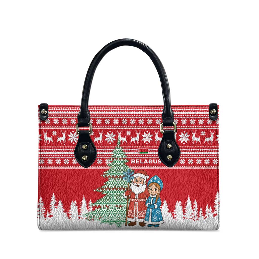 Belarus Christmas Leather Bag with Ded Moroz Snow Maiden Christmas Tree and Nordic Pattern Design - Wonder Print Shop