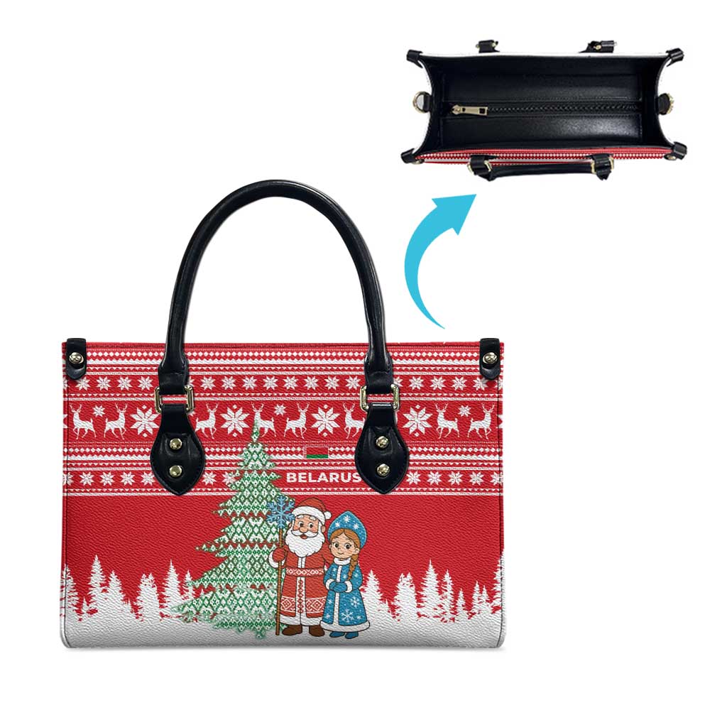 Belarus Christmas Leather Bag with Ded Moroz Snow Maiden Christmas Tree and Nordic Pattern Design - Wonder Print Shop