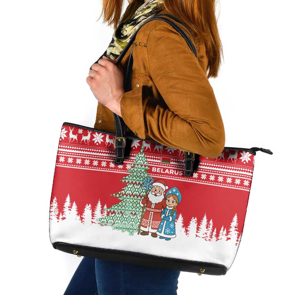 Belarus Christmas Leather Tote Bag with Ded Moroz Snow Maiden Christmas Tree and Nordic Pattern Design - Wonder Print Shop