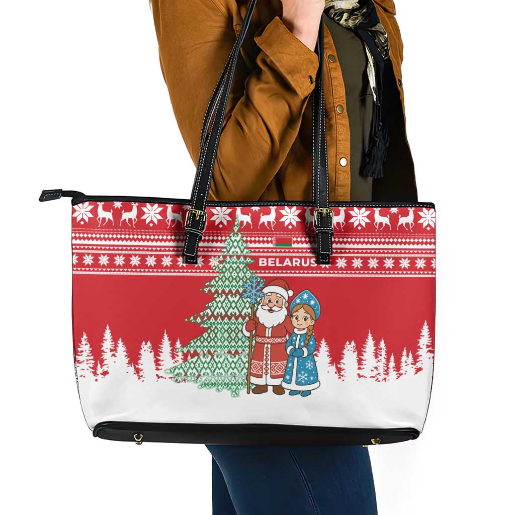 Belarus Christmas Leather Tote Bag with Ded Moroz Snow Maiden Christmas Tree and Nordic Pattern Design - Wonder Print Shop