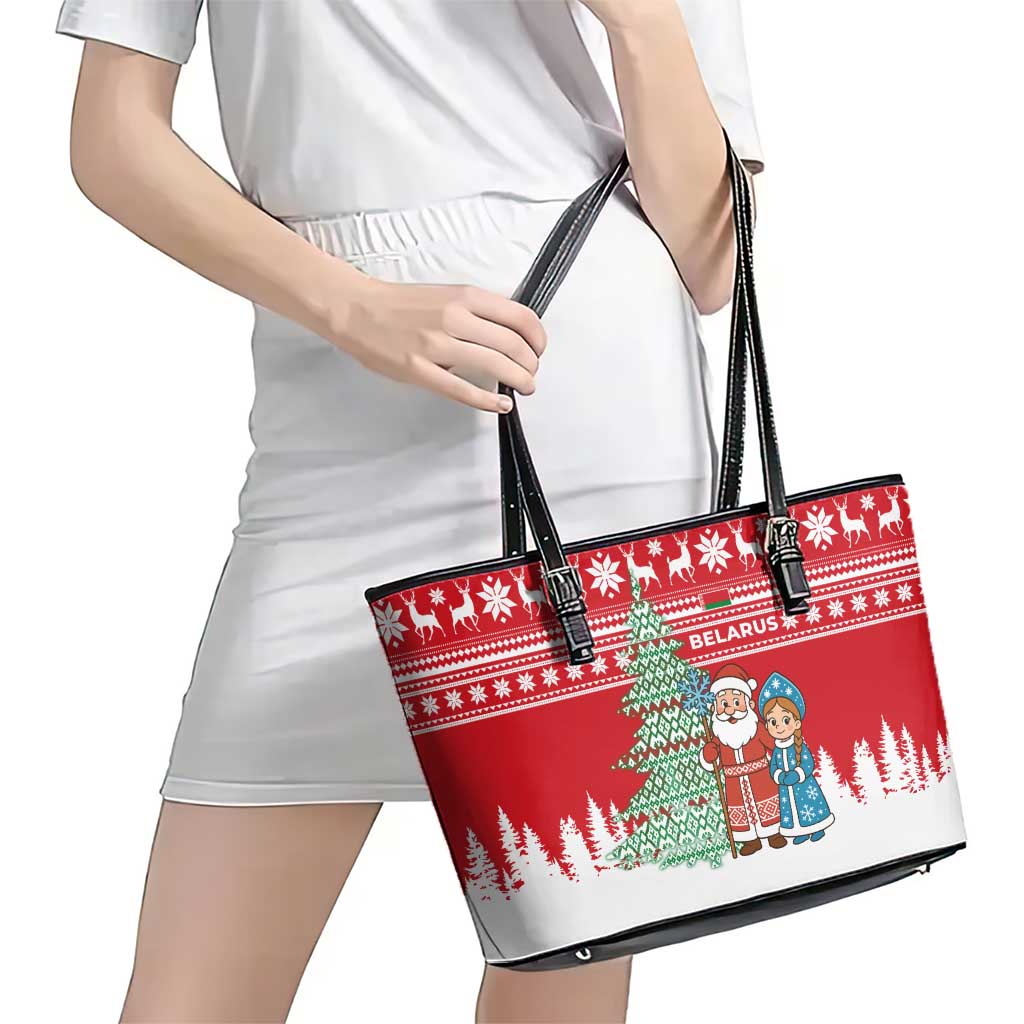 Belarus Christmas Leather Tote Bag with Ded Moroz Snow Maiden Christmas Tree and Nordic Pattern Design - Wonder Print Shop