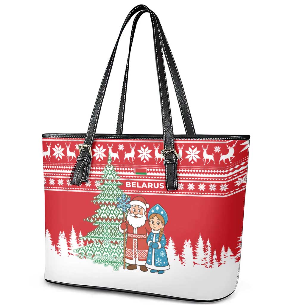 Belarus Christmas Leather Tote Bag with Ded Moroz Snow Maiden Christmas Tree and Nordic Pattern Design - Wonder Print Shop